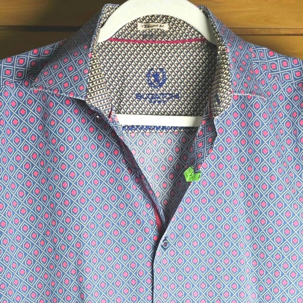 Bugatchi Mini Print Collared Button Up Blue Red C… - image 7